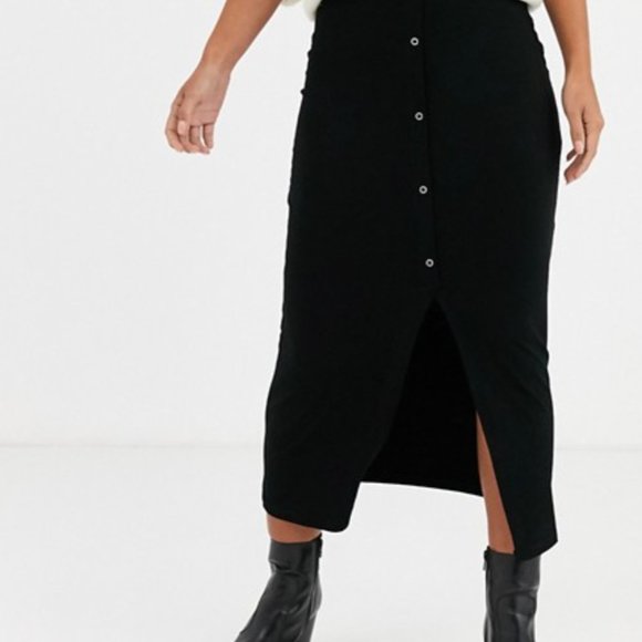 ASOS DESIGN rib popper midi skirt in black - Picture 1 of 5